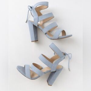 LuLu’s Marlena Blue Grey Suede Caged Lace-Up Heels